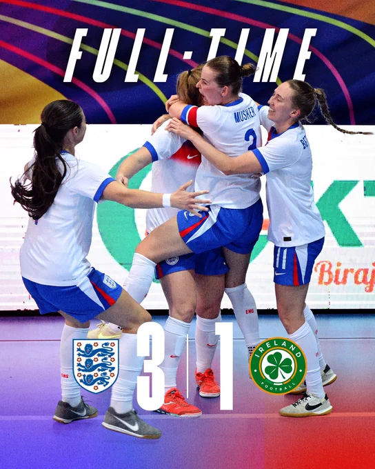 Full-time graphic showing England celebrating after beating Ireland 3-1. 