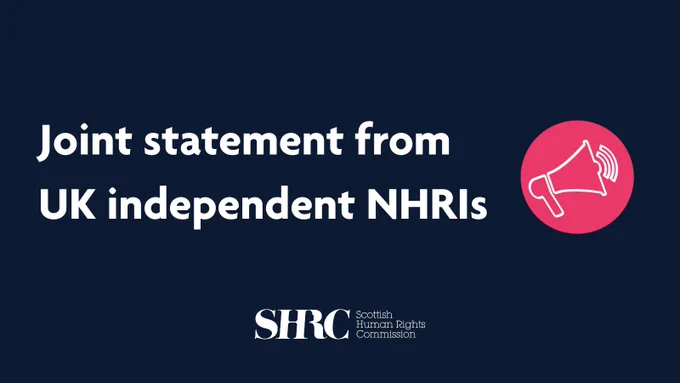 Joint statement from UK independent NHRIs. Red megaphone announcement.