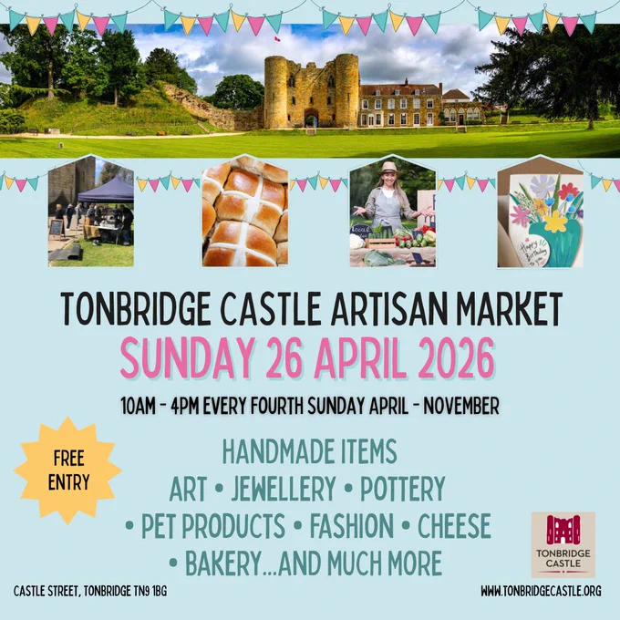 Brightly coloured with bunting across the top of a graphic with photos. The  image shows Tonbridge castle across the top festooned with graphic bunting and images of stalls in the sunshine, pastries and art. Text shows the date,  April 26 with bullet points of handmade items, jewellery, bakery, cheeses and more.