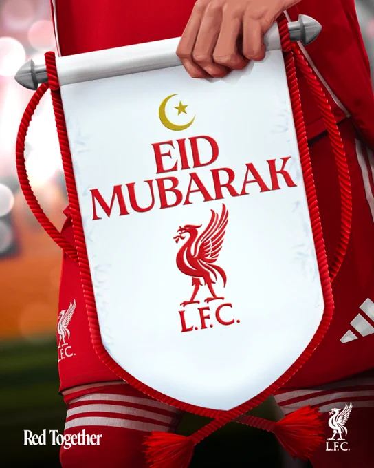 A graphic of a LFC player holding a pennant that features the text 'Eid Mubarak' and a image of a liverbird. The text at the bottom of the graphic says 'Red Together'