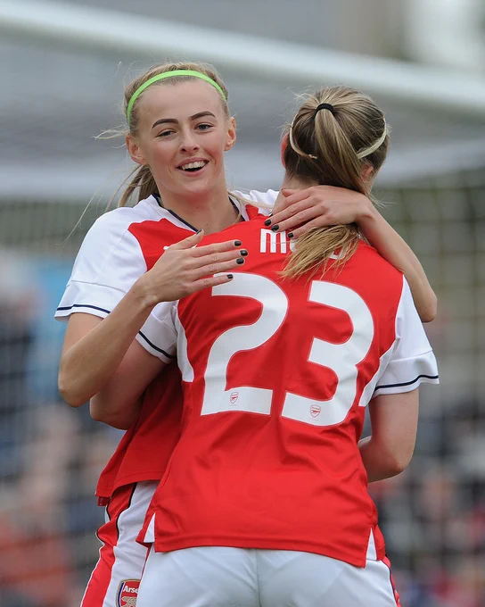 Beth Mead celebrates with Chloe Kelly after scoring on her debut against Tottenham Hotspur in 2017.