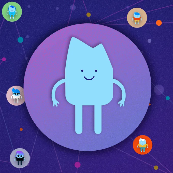 Illustration, interconnected coloured dots and cartoon characters in bubbles.