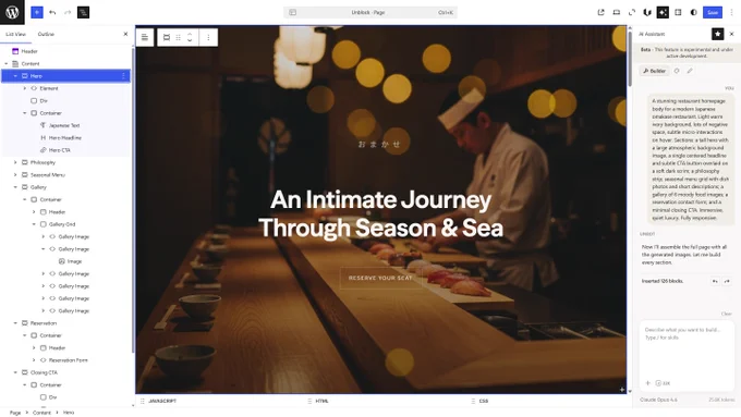 Screenshot of Unblock's AI Assistant inside the WordPress editor. A single prompt describes a full Japanese omakase restaurant website. The AI generated 126 blocks including hero, gallery, reservation form, and closing CTA sections, all visible in the block tree on the left.