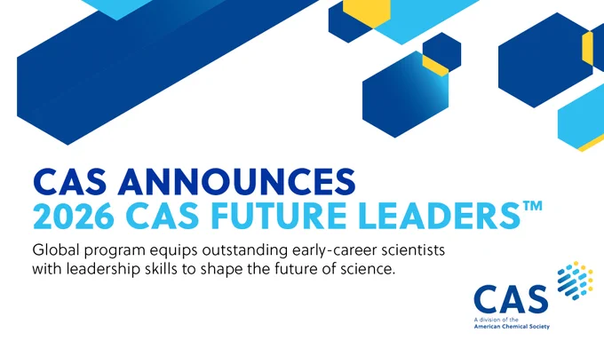Announcement for the 2026 CAS Future Leaders program, featuring the CAS logo and blue and yellow geometric designs. The text highlights the program's aim to equip early‑career scientists with leadership skills.
