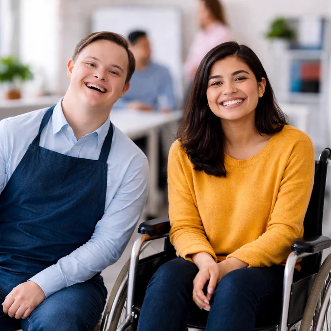 Persona con síndrome de Down y mujer usuaria de silla de ruedas sonríen en un entorno laboral inclusivo, representando la diversidad y la inclusión de personas con discapacidad en el trabajo.