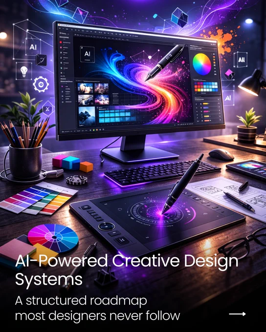 AI-powered creative design workspace showing a monitor with digital design software, color palettes, stylus tablet and visual elements representing AI-assisted graphic design workflows.