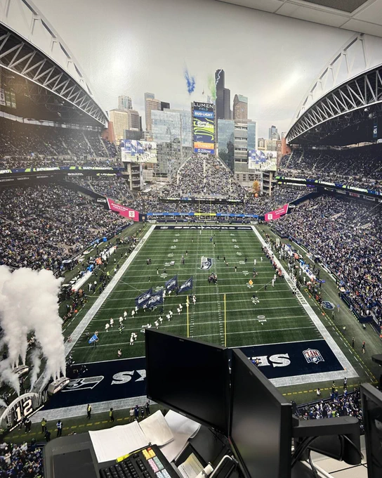 SuperGraphics mural of Lumen Field on Gameday on the wall of the control room at Lumen Field.