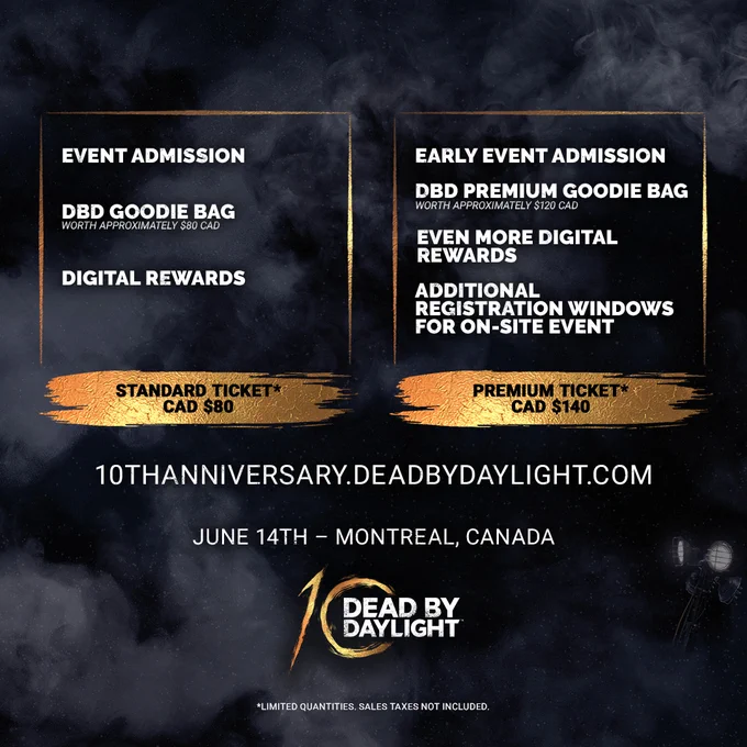 Standard and Premium Ticket Information for Dead by Daylight's 10th Anniversary on a foggy background.