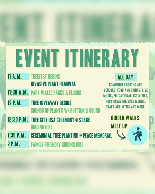 Schedule of tree-focused event with invasive plant removal at 11 A.M., park walk at 11:30, tree giveaway at noon, and ceremonial planting at 1:30 P.M.