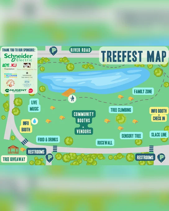 Map of TreeFest showing zones like Family Zone, Tree Climbing, Sensory Tree, and Community Booths around a central pond with restrooms and info booths marked.