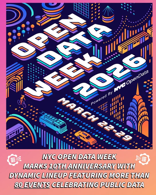 Colorful promotional poster for NYC Open Data Week 2026 from March 22-29 with cityscape and transit illustrations. text reads: new york city open data week marks 10th anniversary with dynamic lineup featuring more than 80 events celebrating public data