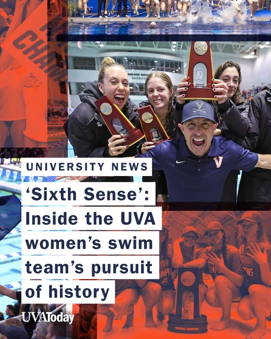 A group of people celebrate with trophies at a swimming event. "University News: Sixth Sense: Inside the UVA women’s swim team’s pursuit of history." The background shows swimming team members cheering in a pool setting. "UVA Today" is also present.