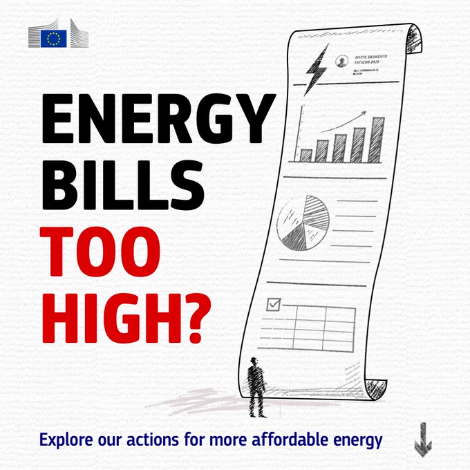 In the foreground, a tiny, silhouetted person stands at the foot of a massive, towering energy bill that curves upward like a giant scroll; the bill features a lightning bolt icon, bar charts, and a pie chart, while the text "ENERGY BILLS TOO HIGH?" appears in bold black and red letters next to the EU logo.