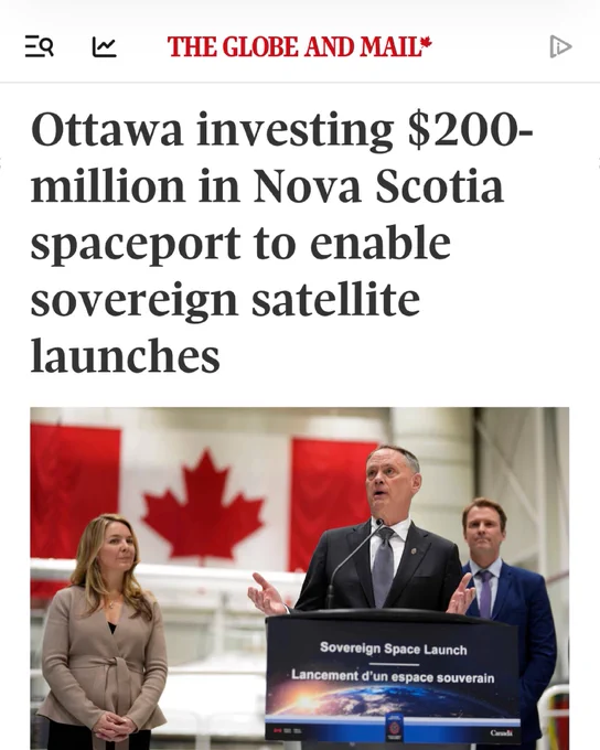 Screenshot of an article from The Globe and Mail. The headline reads: Ottawa investing $200-million in Nova Scotia spaceport to enable sovereign satellite launches.