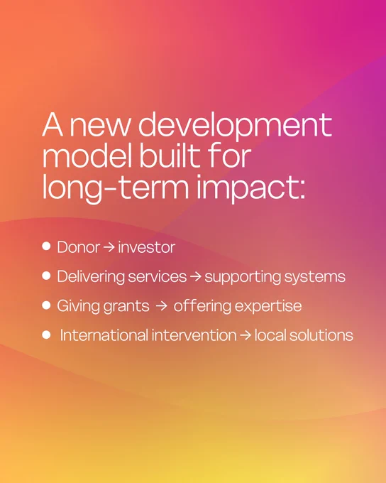 A new development model built for long-term impact: 

From donor to investor.
From delivering services to supporting systems.
From giving grants to offering expertise.
From international intervention to local solutions.