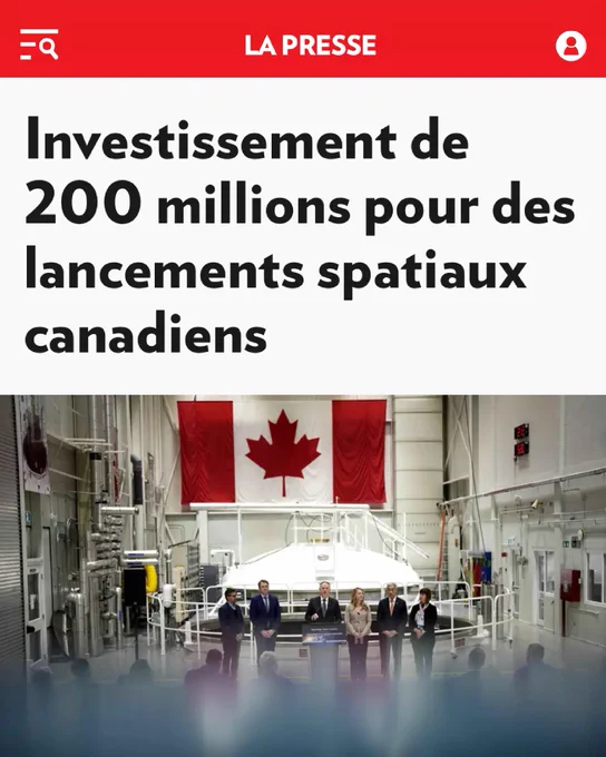 Capture d'écran d'un article de La Presse. Le titre se lit comme suit : Investissement de 200 millions pour des lancements spatiaux canadiens.