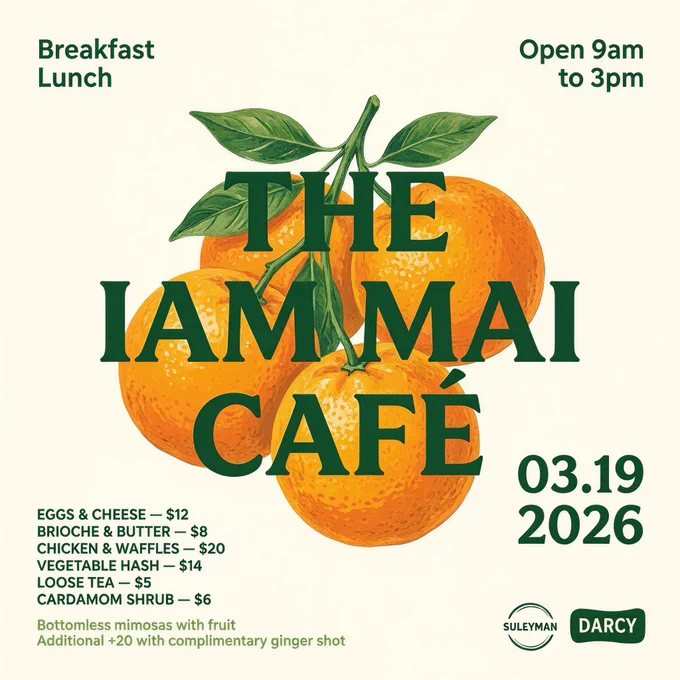 Poster for the IAM MAI Cafe with menu items and opening times