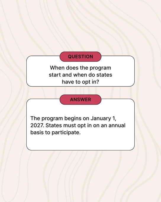 Graphic with the question “When does the program start and when do states have to opt in?” followed by the answer: “The program begins on January 1, 2027. States must opt in on an annual basis to participate."