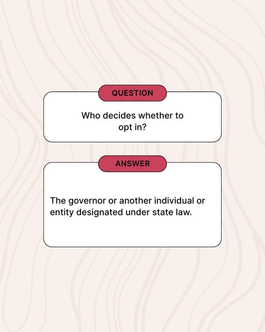 Graphic with the question “Who decides whether to opt in?” followed by the answer: “The governor or another individual or entity designated under state law."