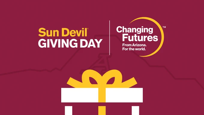 Sun Devil Giving Day maroon and gold graphic of a gift box with a bow on top.