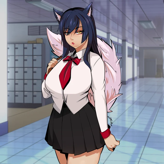 Anime-style illustration of Ahri from League of Legends in a tight white school shirt with red bow tie, short black pleated skirt, and red arm cuffs. She has big fluffy pink fox tails and ears, long dark blue hair, golden eyes with a seductive half-lidded gaze and slight blush. Standing in a confident pose with one hand on her hip and the other holding a bag strap, looking playfully over her shoulder.