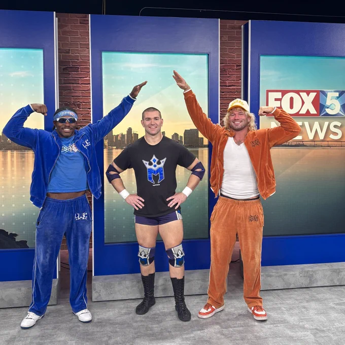 Professional wrestlers Mathias, Livewire Charlie and Danger Ross at the Fox 5 San Diego News Studio for a live segment promoting a 20 man Royal rumble pro wrestling match after the Seals Lacrosse Game this Saturday