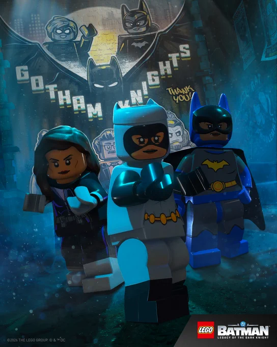Moody image of LEGO Talia, Batgirl, and Catwoman in action poses with graffiti Batman on the wall behind them with text that reads "Gotham Nights. Thank you!".