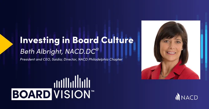 Professional headshot of Beth Albright in a red blazer alongside text about investing in board culture for NACD's Board Vision event.