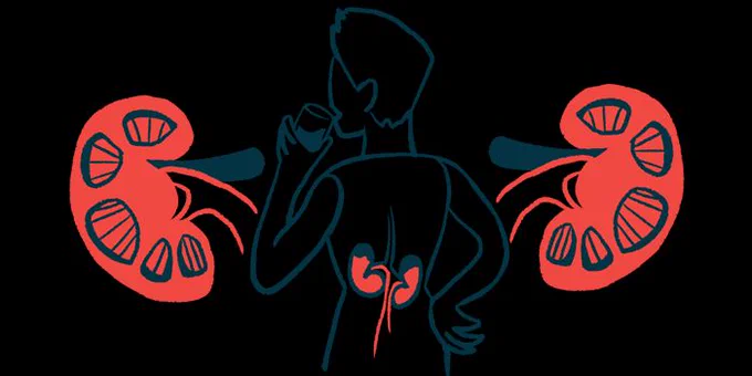 A person seen from behind drinks from a glass, with their kidneys highlighted in their lower back and in an enlarged view on either side of them.