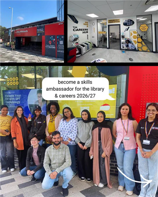 Image of The Library and Careers Skills Ambassadors with the following text - become a skills ambassador for the library & careers 2026/27