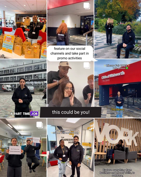 Image of The Library and Careers Skills Ambassadors with the following text - become a skills ambassador for the library & careers 2026/27