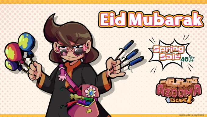 Promotional Eid image featuring Amira holding candy and fireworks with a smug, mischievous expression. The image includes the title "Eid Mubarak," the Azooma Escape logo, and a sticker reading "Spring Sale 40% OFF," along with a copyright notice "© 2026 AshGames."