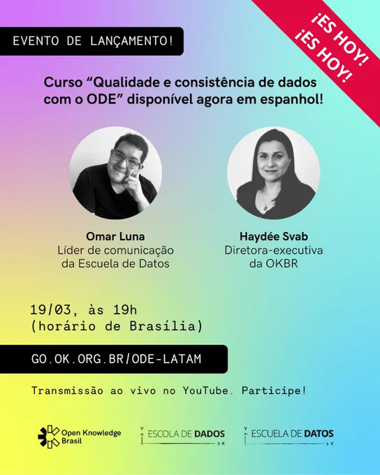#LATAM |

🤩 ¡ES HOY! ¡ES HOY! 🤩

 😉🫰 Acompáñanos al....

✨ Lanzamiento en español del Curso "Calidad y consistencia de datos con #OpenDataEditor" ✨

😉🫰 ¡Descubre cómo puedes trabajar mejor tus datos!

🗓️ 19.03.26
🕓 16 hrs 🇲🇽 | 19 hrs 🇧🇷
Únete ➡️ http://go.ok.org.br/ode-latam