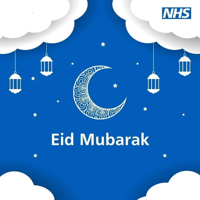 A blue graphic featuring a decorative white crescent moon in the centre, surrounded by small white stars. Four lanterns hang from the top edge of the image, beneath stylised white clouds. The text “Eid Mubarak” appears below the moon and the NHS logo is shown in the top right corner.