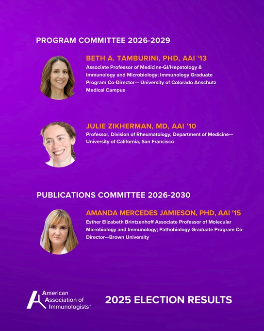 Headshots and titles of three immunology committee members for 2026-2030 with their academic roles and affiliations on a purple background.