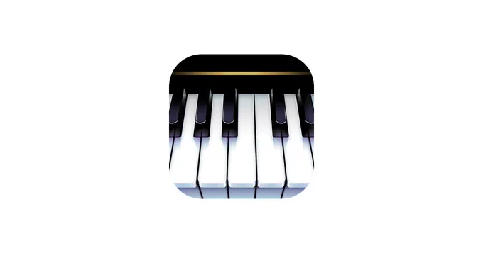 A close-up view of a piano keyboard showing alternating black and white keys, framed in a rounded square design.