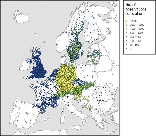 Fig. 1 Geographic distribution of phenological observation sites across Europe captured in the PEP725 database.