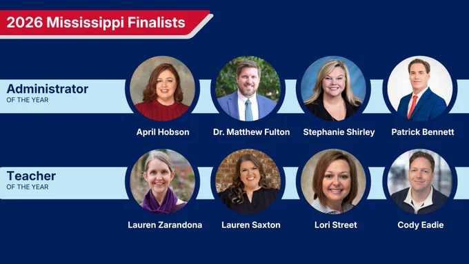 MDE has announced the finalists for the 2026 Mississippi Administrator of the Year and the 2026 Mississippi Teacher of the Year. ﻿

Administrator finalists are April Hobson of New Albany Middle School, New Albany School District;  Dr. Matthew Fulton of Sumner Hill Junior High School, Clinton Public School District; Stephanie Shirley of Clarkdale High School, Lauderdale County School District; and Patrick Bennett of Long Beach Career and Technical, Long Beach School District.

Teacher finalists are  Lauren Zarandona of The Mississippi School for Mathematics and Science; Lauren Saxton of  Yazoo County High School, Yazoo County School District; Lori Street of West Marion High School, Marion County School District; and Cody Eadie of Harrison Central High School, Harrison County School District MS. Read more at bit.ly/4sQEO05. #MsEdu