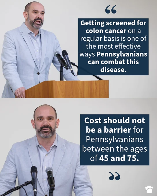 Pennsylvania Insurance Commissioner Michael Humphreys speaks at a podium. Getting screened for colon cancer on a regular basis is one of the most effective ways Pennsylvanians can combat this disease. Cost should not be a barrier for Pennsylvanians between the ages of 45 and 75.