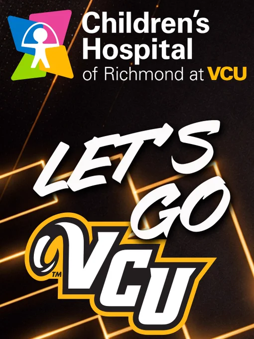 Promotional image for Children's Hospital of Richmond at VCU, featuring the text "Let's Go VCU" with a stylized VCU logo and a geometric background.