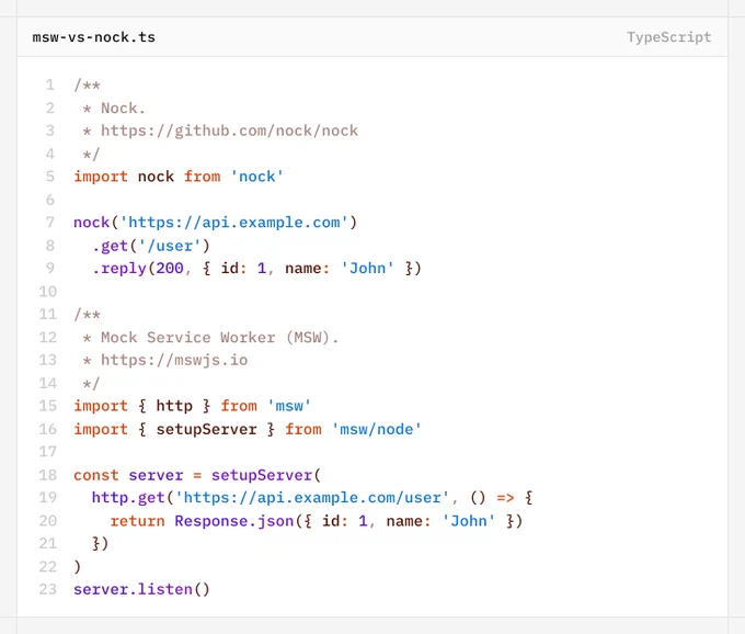 Code snippet comparing Nock and Mock Service Worker for mocking API responses in TypeScript. Includes example setup and response handling.
