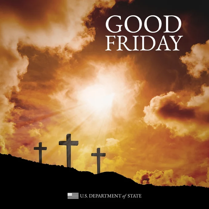 Three crucifixes on a hill with sunlight shining down from behind clouds and graphic text, Good Friday.