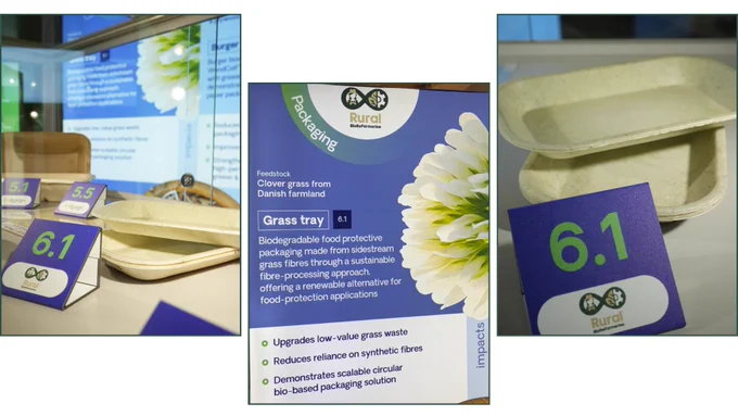 Bio-based packaging samples developed by ACRRES at Wageninen University in collaboration with PaperFoam, using grass fibres provided by CBIO at Aarhus University.