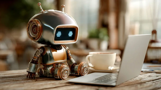 A small robot on a tabletop, looking at a laptop next to a cup of coffee.