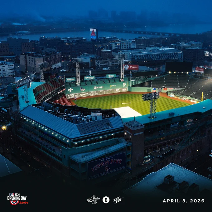 An aerial photo of Fenway Park on April 3, 2026. The Opening Day logo is overlaid in the bottom left corner, and the date is in the bottom right corner.