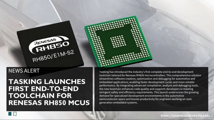 A News Alert graphic from Future Mobility Media featuring two Renesas RH850 microcontrollers (one top view, one underside showing the ball grid array) against a faint background of a car. The text announces Tasking’s launch of the industry’s first complete end-to-end development toolchain for the Renesas RH850 MCUs to streamline automotive software creation.