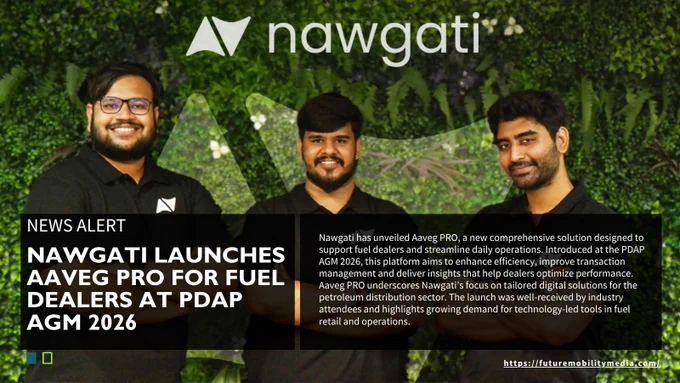 A News Alert graphic featuring three young men, the founders of Nawgati, standing in front of a green wall with the Nawgati logo. The text details the launch of "Aaveg PRO" at the PDAP AGM 2026—a comprehensive digital solution designed to help fuel dealers streamline daily operations and transaction management.