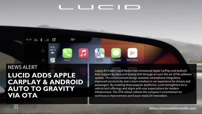 A News Alert graphic showing the interior infotainment screen of a Lucid vehicle displaying Apple CarPlay icons. The text announces that Lucid Motors has added Apple CarPlay and Android Auto support to the Lucid Gravity SUV via an over-the-air (OTA) software update.