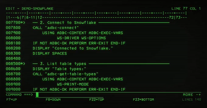 Screenshot of COBOL source code displayed on a simulated IBM 3279 mainframe terminal with green phosphor text on a black CRT screen, showing a demo of ADBC connecting to Snowflake
