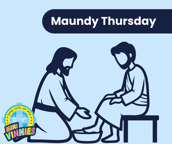 Jesus washing his disciple's feet. Text reads: Maundy Thursday